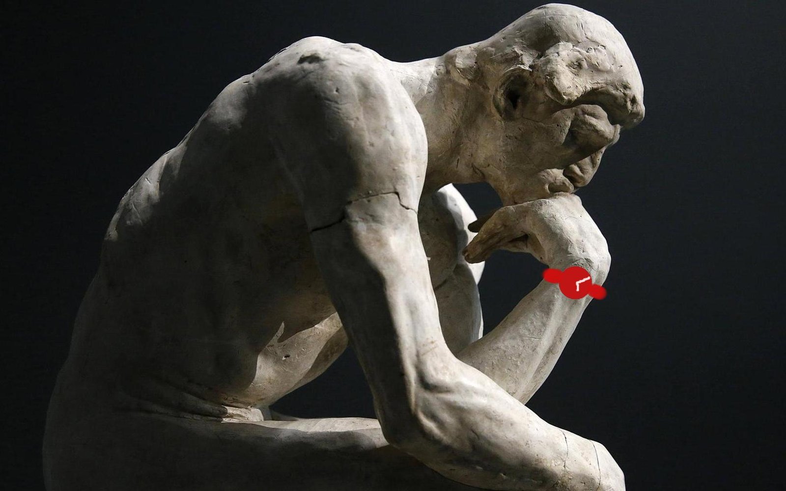 The Thinker sculpture with red vintage watch overlay showing contemplative pose, philosophy of time concept, mechanical timekeeping meets classical art, horology and contemplation symbolism